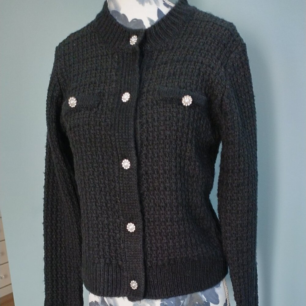 Cardigan Black Textured-Knit Cotton Blend with Bling Buttons, new XS